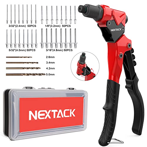 NEXTACK Heavy Duty Pop Rivet Gun Kit (NT200) – 360° Swivel Head for Tight Spaces, 4 HSS Drill Bits + 200 Assorted Rivets + 4 Nosepieces | Rugged Organized Case - size: Swivel Head Rivet Gun w/ 200 rivets