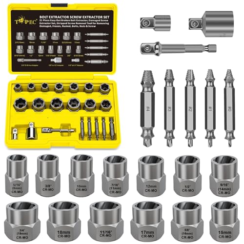 Topec 21 PCS Bolt Extractor Kit, 3/8" Drive Bolt & Nut Remover Socket Set, HSS 4341 Small Screw Extractor Set, 2-in-1 Removal Tool for Stripped, Broken, Damaged, Rounded Nuts, Screws - size: 21 PCS