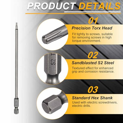 HARFINGTON 10pcs T10 Torx Head Screwdriver Bit 1/4" Hex Shank 6" (150mm) Long Magnetic No Hole Tip Tamper Proof 6 Point Star Screw Driver Drill Bits S2 Steel Industrial Power Screwdrivers - size: T10 x 6"