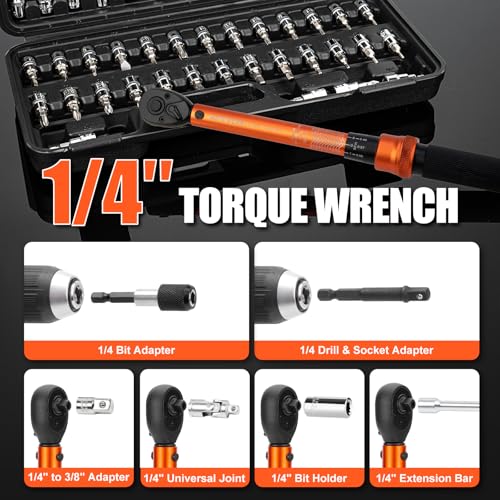 50PCS Inch Pound Torque Wrench Set, 1/4" Drive Bike Torque Wrench, 10-230 in.lb (1.1-26.0 nm), 72-Tooth Dual Direction Click Torque Wrench with Bit Sockets, for Bicycle, MTB, E-Bike Maintenance - size: 1/4-inch (50pcs, 10-230 in.lb/1.1-26.0 nm)
