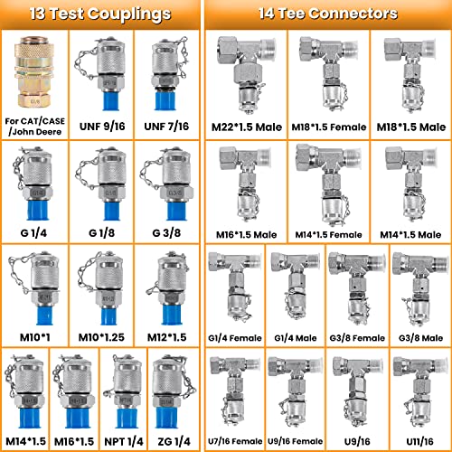 Hydraulic Pressure Test Kit with 5 Gauges 13 Test Couplings 14 Tee Connectors 5 Test Hoses for Excavator Construction Machinery 10/100/250/400/600bar 150/1500/4000/6000/9000PSI - style: 5 Gauges 27 Test Couplings