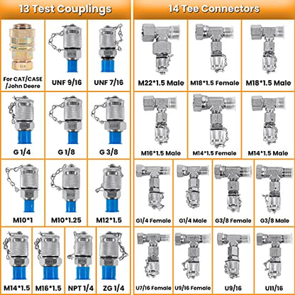 Hydraulic Pressure Test Kit with 5 Gauges 13 Test Couplings 14 Tee Connectors 5 Test Hoses for Excavator Construction Machinery 10/100/250/400/600bar 150/1500/4000/6000/9000PSI - style: 5 Gauges 27 Test Couplings