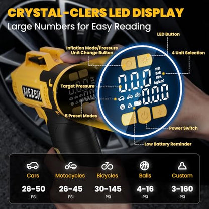 Cordless Tire Inflator Portable Air Compressor Compatible with Dewalt 20V Battery, 160PSI Electric Air Pump with 12V Car Power Cable Dual Mode and Digital Pressure Gauge LED Light for Car and Balls