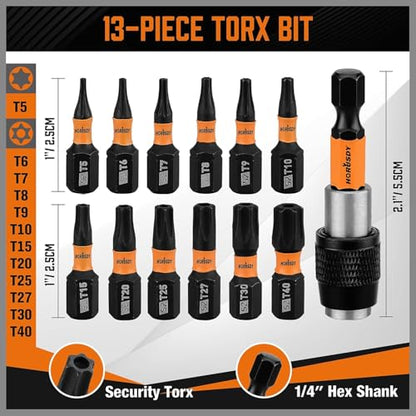 HORUSDY Tamper Proof Torx Bit Set, 13-Pieces T5-T40 Security Torx Bits with Magnetic Tips, Torque Star Bits with 2.1" Self-locking Quick Change and Storage Box, S2 Steel - style: New Version