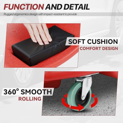 Mechanic Creeper 47 Inch, Low Profile Under Car Rolling Creeper with Padded Headrest and Tool Trays, 300 LBS Capacity, Ergonomic Body Design, Red
