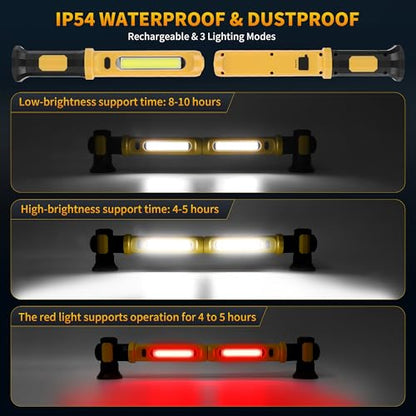 5200mAh Rechargeable Magnetic Work Light, 2-Pack 2500 Lumen LED Under Hood Light Bar with 360° Rotating Hook, Portable Trouble Light for Car Truck Garage Mechanic