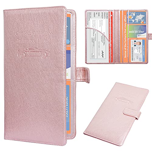 DMLuna Car Registration and Insurance Holder, Leather Vehicle Card Document Glove Box Organizer, Auto Truck Compartment Accessories for Essential Information, Driver License Cards, Rose Gold - color: Rose Gold, size: Magnetic Closure Style