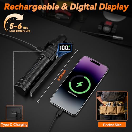 4Pack Magnetic Rechargeable LED Work Light/Flashlight for Mechanics | All Aluminum, 1500 High Lumens, Digital Display, 7 Modes, 360° Rotation, for Car Repairing, Emergency, Gifts for Father - size: 4Pack