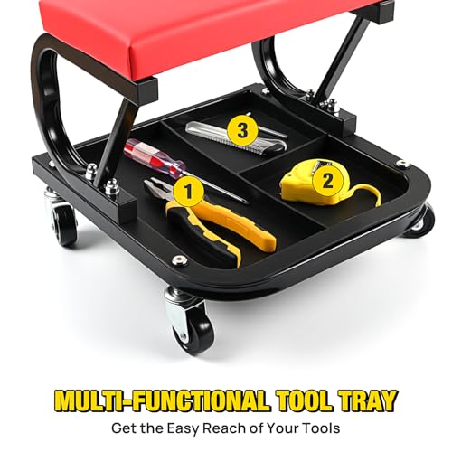 Nilight Rolling Mechanic Seat, 250 LBS Capacity Padded Mechanic Stool with Tool Tray Storage, Auto Repair, Red - color: Black Red 250lbs