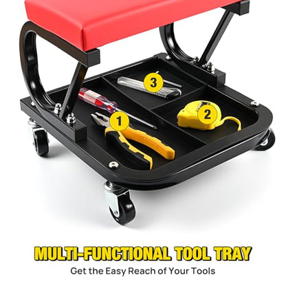 Nilight Rolling Mechanic Seat, 250 LBS Capacity Padded Mechanic Stool with Tool Tray Storage, Auto Repair, Red - color: Black Red 250lbs