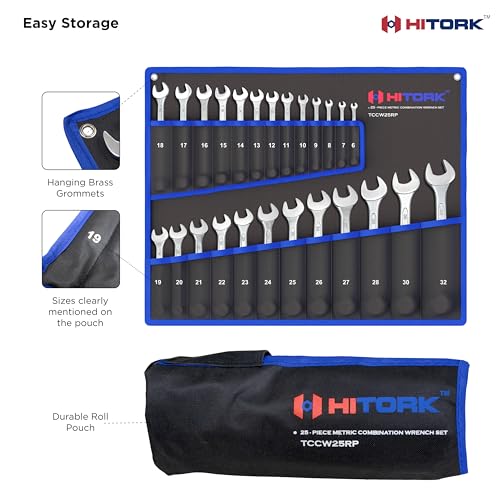HITORK 25 Piece Metric Wrench Set (6-32 mm) CrV Steel Matt Finish with Polished Head 12 Point Box End 15° Offset Roll Up Pouch Durable Combination Wrench Set for Home, Garage & Auto Repair
