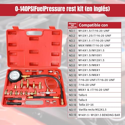Fuel Pressure Tester Kit,0-140PSI Fuel Pressure Gauge Kit,TU-114 Oil Pressure Tester Kit with Gauge for Auto Car Truck and Marine