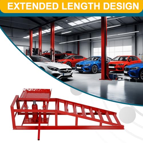 2 Pcs Hydraulic Car Ramps, 5 Ton Heavy Duty Steel Car Lift Ramps with Hydraulic Jack for Oil Changes & Truck Repair, 9" - 15" High Lift, Low Profile Vehicle Lift Service Ramps Truck Trailer（Red） - color: Red(short Style)