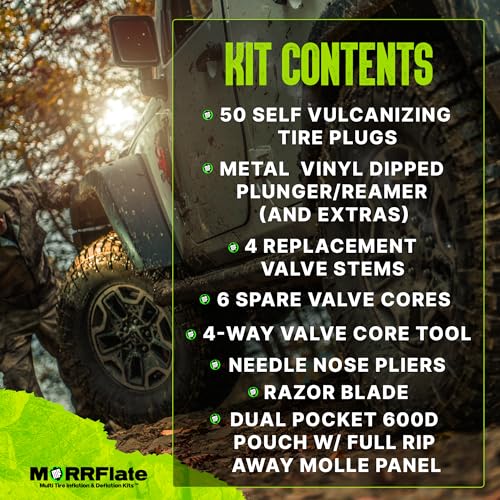 MORRFlate Ultimate 4x4 Tire Plug Kit Heavy Duty Professional Off-Road Tire Repair Kit Includes 50 Vulcanizing Plugs, All-Metal Tools, 4 Replacement Valve Stems, Rip-Away Molle Bag and Accessories