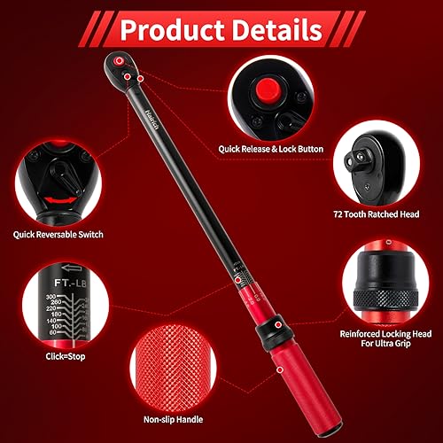 Hairich Torque Wrenches, 1/2 Torque Wrench, 40-300ft.lb/33.9-406.8Nm | Dual-direction, 72-tooth Drive Click Torque Wrench with Dual Range Scales, ±3% High Precision - size: 40-300 FT.LB