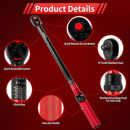 Hairich Torque Wrenches, 1/2 Torque Wrench, 40-300ft.lb/33.9-406.8Nm | Dual-direction, 72-tooth Drive Click Torque Wrench with Dual Range Scales, ±3% High Precision - size: 40-300 FT.LB