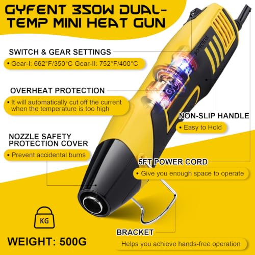 600Pcs Heat Shrink Tubing Kit with 350W 2-Temp Mini Heat Gun (5FT) | 2:1 Wire Shrink Wrap Tubing for Wiring Repair Automotive DIY Wiring Repair Crafting Embossing 5FT Power Cord