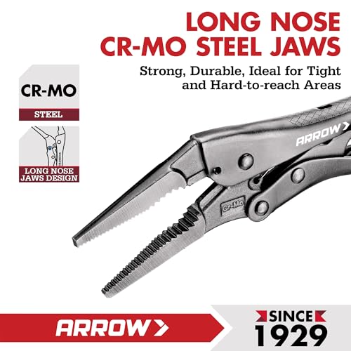 ARROW 9.5 in Needle Nose Locking Pliers, CR-MO Jaw, Long Nose Locking Pliers, Adjustable Clamping Pressure with Through-Hole Screw, Trigger Release, Ideal for Tight Spaces - size: 9.5 in