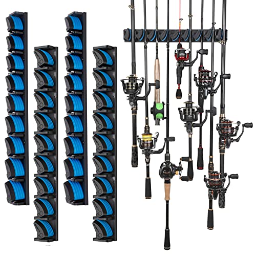PLUSINNO 4 Pack Vertical Fishing Rod Rack, Wall Mounted Fishing Rod holder, 4 Packs Fishing Pole Holders Hold Up to 36 Rods or Combos, Fishing rod holders for garage, Fishing Gear and Gifts for Men - style: Blue 4-pack (store 36 combos)
