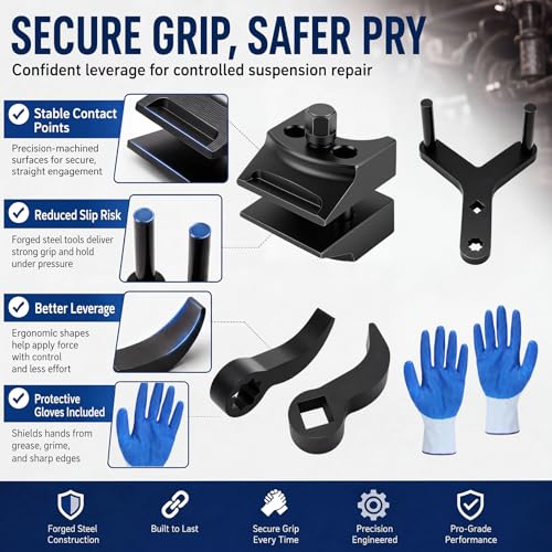 5 Pcs Suspension Tool Set, Strut Spreader Tool & Lower Control Arm Prying Tools, Protective Gloves, Ball Joint Removal Tools for FWD, Import & Domestic Vehicles, Heavy Duty Steel for Automotive Repair