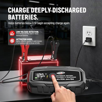 10A 12V/24V Smart Battery Charger,Maintainer, Desulfator & Power Supply with Overcharge Protection & Thermal Compensation for Car, Motorcycle, Lawn,RV, ATV Lead-Acid & Lithium Batteries - size: 10A
