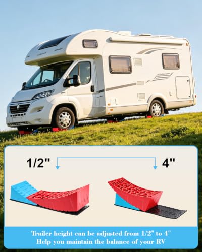 RV Leveling Blocks Kit, Heavy Duty Anti-Slip Mats & Carrying Bag, 2 Pack | Blue & Red. For travel trailer, motorhome, dual axle. HDPE, support 45000 lbs. Levels ½" - 4" in 5 min. - color: Blue & Red
