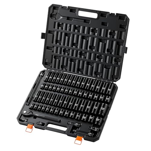 VEVOR Impact Socket Set, 1/2" Drive, 65-Piece Socket Set, 6 Point Sockets, SAE 3/8" to 1-1/4" and Metric 10-24 mm, Easy to Identify, with a Sturdy Storage Case, Cr-V Alloy Steel for Vehicles Repair - size: 1/2" 65PCS
