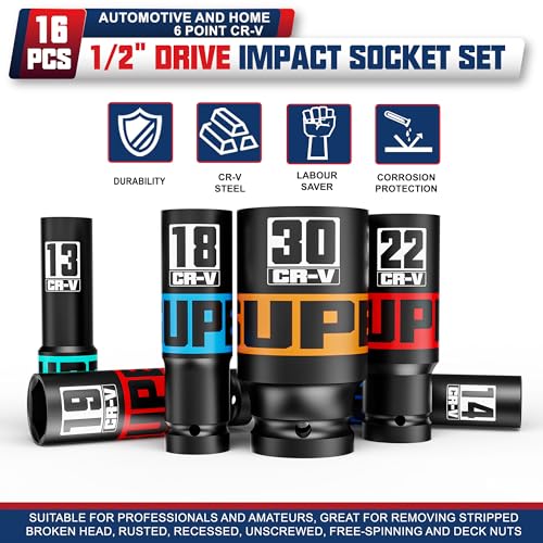 16 Piece 1/2" Drive Impact Socket Set, 10-32 mm Thicker Deep Sockets, Metric Socket Set, 6-Point, Cr-V, Automotive and Home - size: 1/2" 16pcs Metric