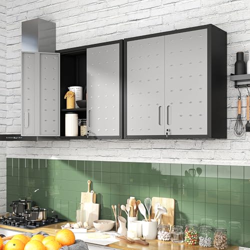 Metal Storage Cabinet for Garage, Tool Cabinet, Utility Cabinet | Wall Mounted, Hanging Tool Cabinet, Lockable, 2 Doors, Adjustable Shelves, Assembly Required, Black & Grey - color: Black & Grey