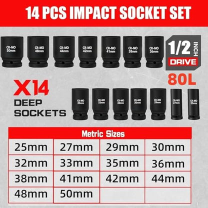 TONYNOL 1/2 Inch Drive Deep Impact Socket Set,6-Point, Metric Sizes(25-50mm),14 PCS,Cr-Mo Steel,Heavy Duty Impact Sockets for Automotive & Industrial Machinery,With a Storage Case - style: 1/2" Drive Metric Sizes(25-50mm)