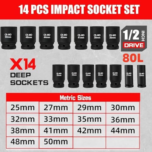 TONYNOL 1/2 Inch Drive Deep Impact Socket Set,6-Point, Metric Sizes(25-50mm),14 PCS,Cr-Mo Steel,Heavy Duty Impact Sockets for Automotive & Industrial Machinery,With a Storage Case - style: 1/2" Drive Metric Sizes(25-50mm)