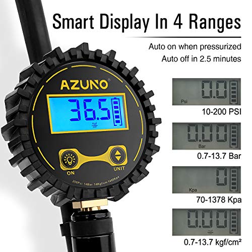 AZUNO Digital Bicycle Tire Inflator Gauge, Auto-Select Presta & Schrader | 200 PSI Digital Gauge, Auto-Select Valve, Air Compressor Ready, Brass Chuck, Rubber Hose, Oxford Storage Bag - size: Digital