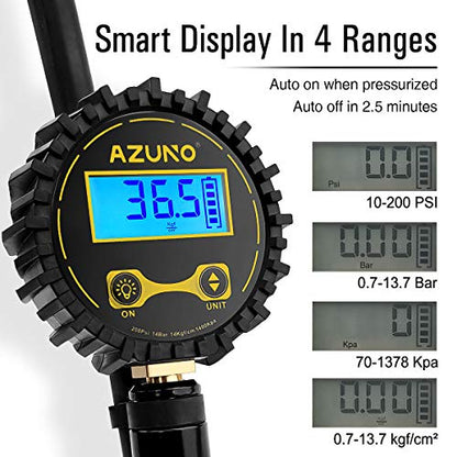 AZUNO Digital Bicycle Tire Inflator Gauge, Auto-Select Presta & Schrader | 200 PSI Digital Gauge, Auto-Select Valve, Air Compressor Ready, Brass Chuck, Rubber Hose, Oxford Storage Bag - size: Digital