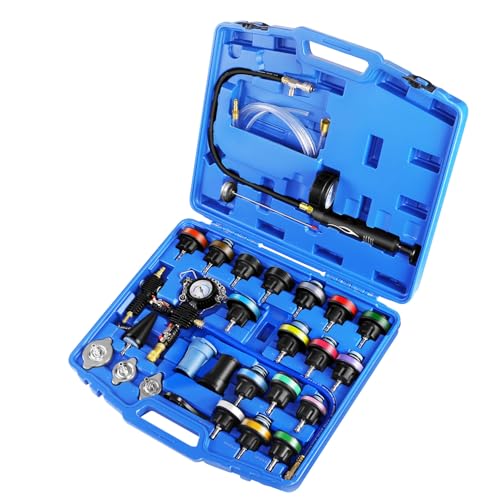 JIFETOR Radiator Coolant Pressure Tester Vacuum Refill Tool Kit, 28PCS Automotive Cooling System Leak Test and Pneumatic Purge Fill Set with Testing Adapter Caps Universal for Airlift Car Auto Truck - color: Blue Case