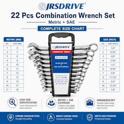 22 Piece Combination Wrench Set SAE & Metric Tool Kit CR-V Steel Mechanic Tool Set with Wrench Organizer Pro Tools for Tool Box Pipe Wrench & Torque Wrench Compatible 1/4" to 7/8" & 8-22mm