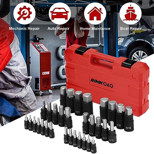 Hex Impact Bit Socket Set, 32-Piece Allen Socket Set SAE and Metric 1/4" 3/8" 1/2" Drives, S2 Alloy Steel and CR-V Bit Sockets