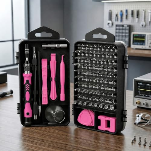 115-in-1 Precision Screwdriver Sets, Multiple Repair Tool Kit with Cluch Head and Bits Non Slip Handle and Tweezers for Electronics, Watch, Glasses, Automotive Maintenance, Pink - color: Lightpink