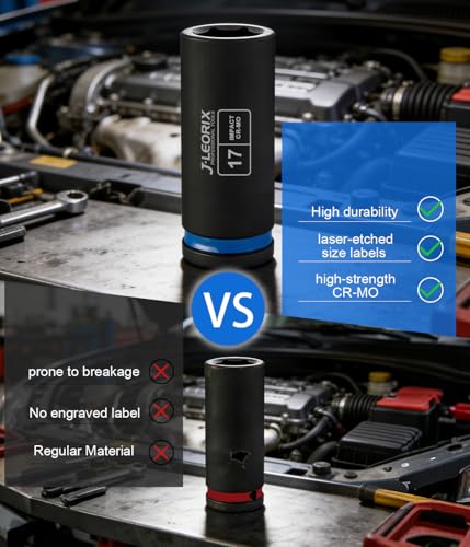 17mm Deep Impact Socket 1/2" Drive CR-MO Steel 6-Point | CR-MO steel impact socket set. 1/2" drive, 6-point design. Deep reach for lug nuts & axle nuts. - size: 17mm