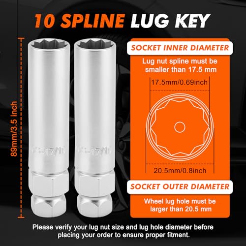 CASOMAN 2-Piece 10 Spline Lug Nut Key, Wheel Lock Removal Tool Kit for Easy Removing and Installing Aftermarket & Factory Wheel Tire Lug Nuts, CR-V Steel - size: 2-Piece Set