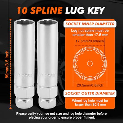 CASOMAN 2-Piece 10 Spline Lug Nut Key, Wheel Lock Removal Tool Kit for Easy Removing and Installing Aftermarket & Factory Wheel Tire Lug Nuts, CR-V Steel - size: 2-Piece Set