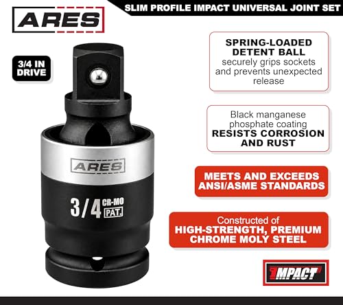 ARES 2061001 – 3/4-Inch Drive Slim Impact Universal Joint – Impact Rated U-Joint Features Slim Profile for Enhanced Access – 360-Degree Swivel Angle - size: 3/4-Inch Slim