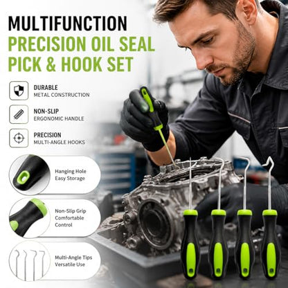 4-Piece Multi-Angle Hook and Pick Set, Precision Automotive Seal Puller & O-Ring Tools with Ergonomic Grip for Oil Seal Removal