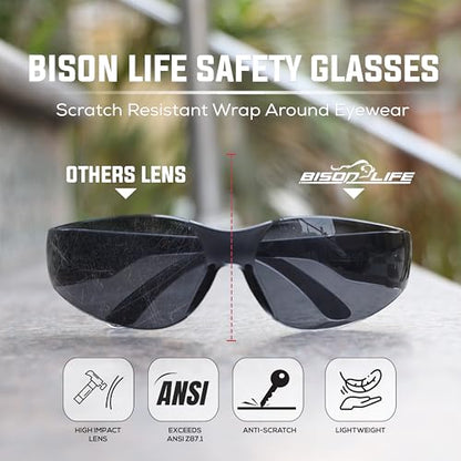 BISON LIFE Clear Safety Glasses – ANSI Z87.1 Certified Scratch & Impact Resistant Eye Protection Goggles for Men & Women - color: Black/Black