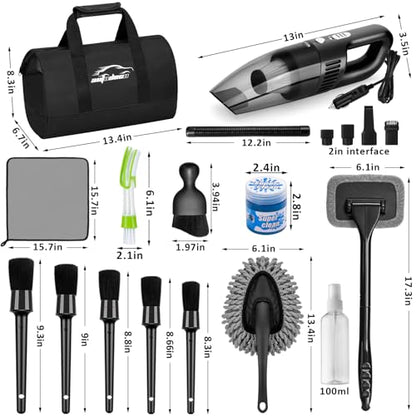 Car Cleaning Kit, Car Vacuum Interior Detailing Cleaner Kit with High Power Handheld Vacuum, Brush Set, Windshield Tool, Duster, Towels, Complete Car Care Tools for Women (Black) - color: Black