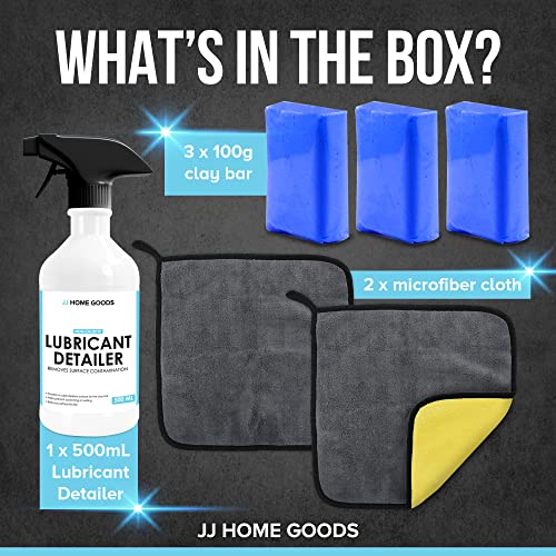 JJ Care Clay Bar Kit - Includes 3 Car Clay Bars for Auto Detailing (3x100g) + 16.9 fl. oz Clay Bar Lubricant + 2 Microfiber Cloths for Scratch-Free Finishing, Essential Clay Bar Kit for Car Detailing