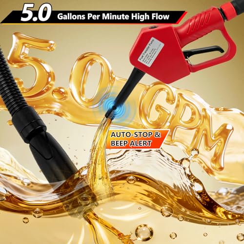 5GPM Fuel Transfer Pump with Auto-Stop & Hand Nozzle, 118'' pumping lift, fit different jug size and depth barrels,no adapters needed,portable gas pump,barrel pump for Gasoline, Diesel, Kerosene - size: 118''-5GPM