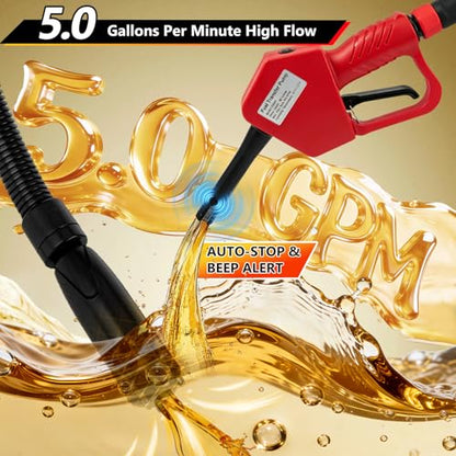 5GPM Fuel Transfer Pump with Auto-Stop & Hand Nozzle, 118'' pumping lift, fit different jug size and depth barrels,no adapters needed,portable gas pump,barrel pump for Gasoline, Diesel, Kerosene - size: 118''-5GPM