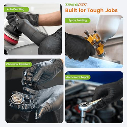 TREEGO 10 Mil Heavy Duty Black Nitrile Mechanic Gloves, 100 Count M | Diamond Grip Rubber Gloves, Latex & Powder Free for Industrial Maintenance, Equipment Repair & Daily Professional Use - color: Black 100, size: Large