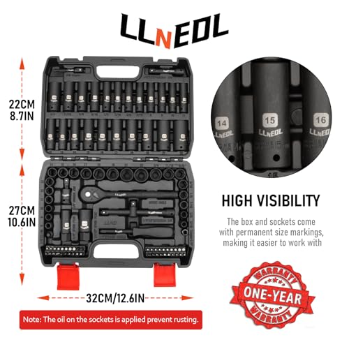 LLNEDL Impact Socket Set 3/8 Drive,95Pcs Deep&Shallow Socket Wrench Set,6 Point Metric&Standard Full |5/16"-3/4",8-22mm| with Spark Plug Sockets,72T Ratchet Handle, Screwdrivers for Automotive&Home - color: Black Case