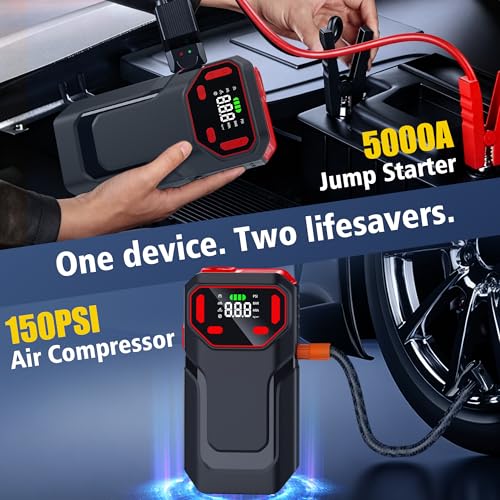 10-in-1 Jump Starter with Air Compressor,5000A Battery Jump Pack 150PSI | Jump Box((All Gas/12L Diesel) ),Spark-Proof & Reverse Polarity Protected, Portable Tire Inflator,LED Light